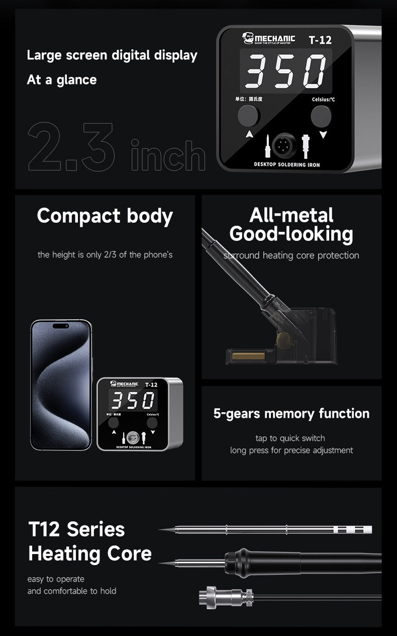 Mechanic T12 Desktop Soldering Iron Station - a 2.3-inch digital display set to 350, a compact metal body, control buttons, and a T12 heating core.