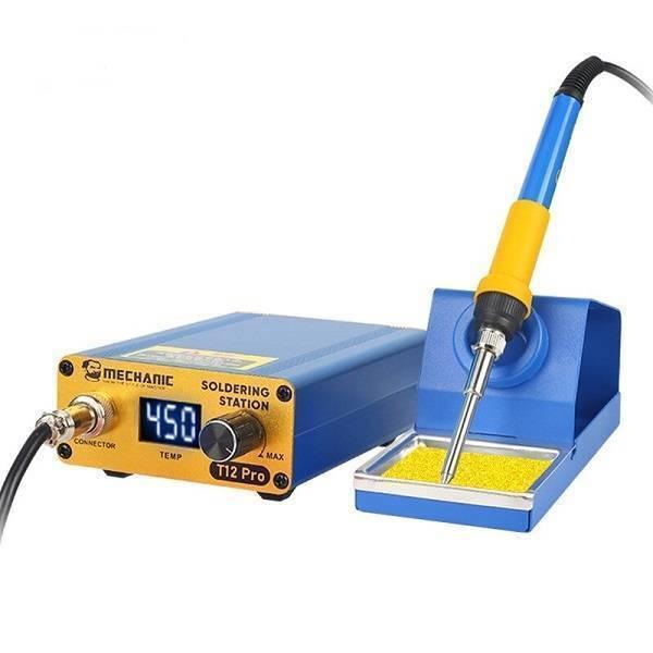 Mechanic T12 Pro Digital Electric Temperature Controller Soldering Iron Station - a blue and gold control unit with a digital display reading 450, a knob, a connector, and a soldering iron stand.
