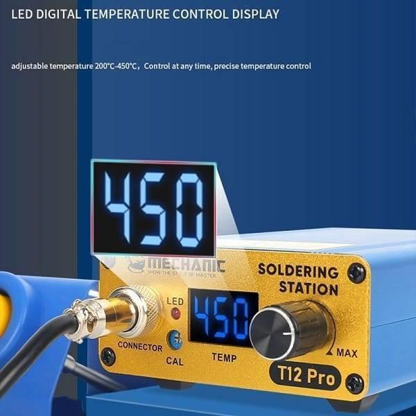 Mechanic T12 Pro Digital Electric Temperature Controller Soldering Iron Station - a gold-faced unit with a blue LED temperature display reading 450, a rotary control knob, and a connector.