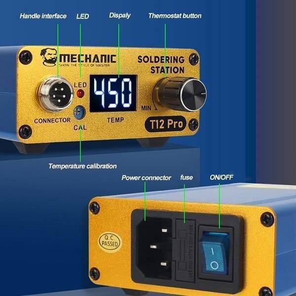 Mechanic T12 Pro Digital Electric Temperature Controller Soldering Iron Station - the gold-toned front and rear panels with a digital display reading 450, a control knob, ports, and power switch.