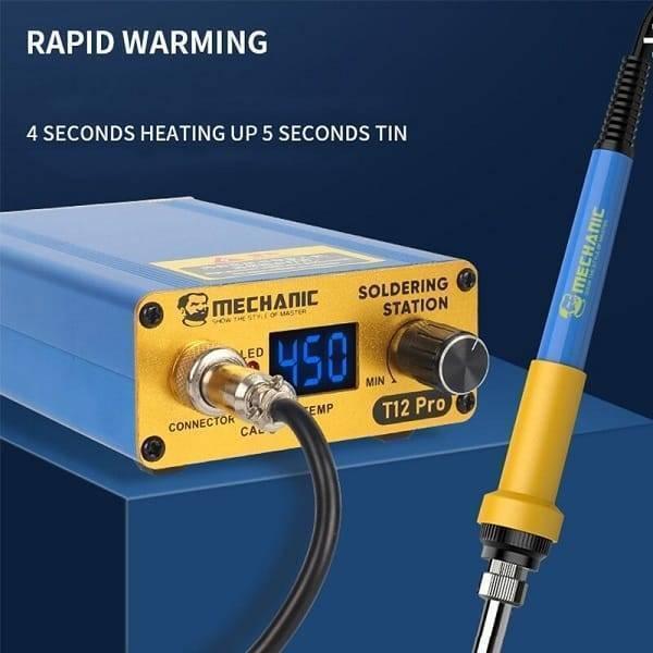 Mechanic T12 Pro Digital Electric Temperature Controller Soldering Iron Station - a blue and gold unit with a digital display showing 450, a rotary knob, a connector port, and a connected soldering iron.