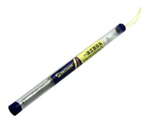 Mechanic T12 Soldering Iron Tip - Professional Grade Replacement Tip - shown inside a clear, cylindrical plastic storage tube with blue end caps and a yellow hanging loop.