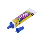 MECHANIC T7000 (BLACK) ADHESIVE GUM 50ML - yellow and purple squeeze tube of adhesive with a blue nozzle and a detached blue cap on a white background.
