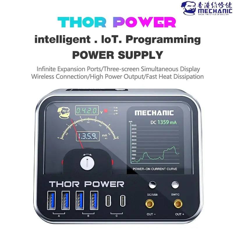 MECHANIC THOR POWER INTELLIGENT IOT DIGITAL DIAGNOSTIC POWER - DC Power Supply - rectangular black and silver power supply unit with a front display screen showing a gauge, current curve graph, four USB-A ports, two USB-C ports, and two jacks.
