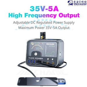 MECHANIC THOR POWER INTELLIGENT IOT DIGITAL DIAGNOSTIC POWER - DC Power Supply - grey rectangular dc power supply with a digital display, labeled "thor power" and "mechanic", featuring multiple usb ports, two round terminals, and a small chip.