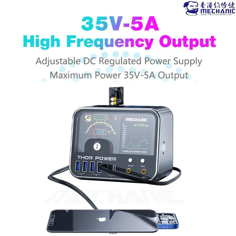 MECHANIC THOR POWER INTELLIGENT IOT DIGITAL DIAGNOSTIC POWER - DC Power Supply - grey rectangular dc power supply with a digital display, labeled "thor power" and "mechanic", featuring multiple usb ports, two round terminals, and a small chip.