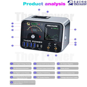MECHANIC THOR POWER INTELLIGENT IOT DIGITAL DIAGNOSTIC POWER - DC Power Supply - silver, rectangular power supply unit with a black front panel featuring a digital display, mechanical gauge, USB ports, adjustment knob, and labeled buttons.
