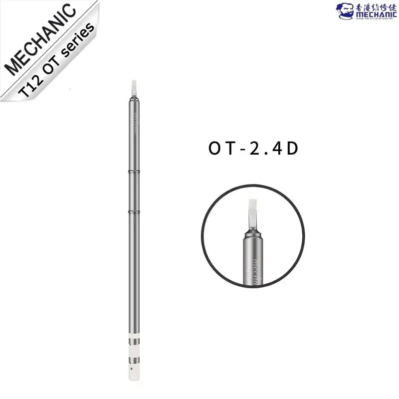 MECHANIC TIP OT 2.4D - Soldering Iron Tip - silver, cylindrical T12 soldering iron tip with a flat chisel-shaped end and a white connector base, featuring the label "OT-2.4 D" and "MECHANIC" text.
