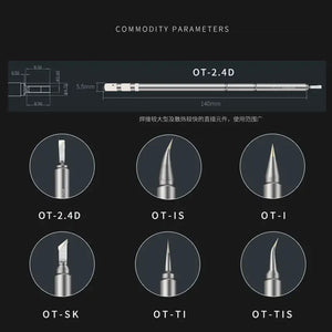 MECHANIC TIP OT 2.4D - Soldering Iron Tip - six different metal soldering iron tips labeled OT-2.4D, OT-IS, OT-I, OT-SK, OT-TI, and OT-TIS displayed against a dark background with technical dimensions.
