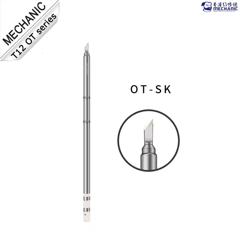 MECHANIC TIP OT SK - Soldering Iron Tip - slender silver metal soldering iron tip with a knife-shaped head, marked with the text OT-SK next to a zoomed-in circular view of the tip.