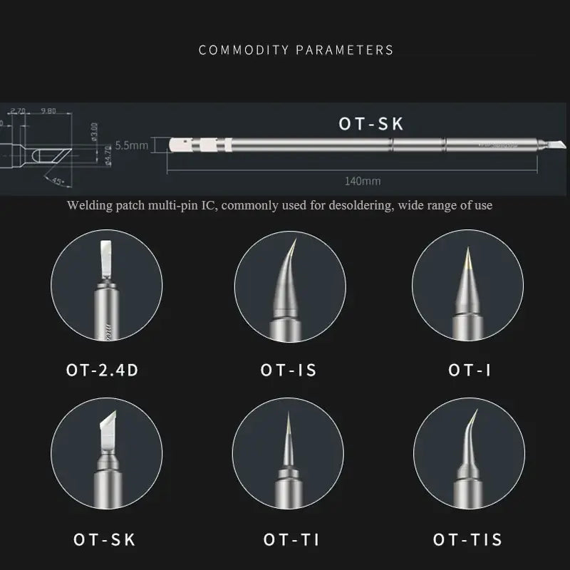 MECHANIC TIP OT SK - Soldering Iron Tip - a technical diagram featuring a silver soldering iron tip labeled OT-SK and six circular insets displaying different tip shapes labeled OT-2.4D, IS, I, SK, TI, TIS.