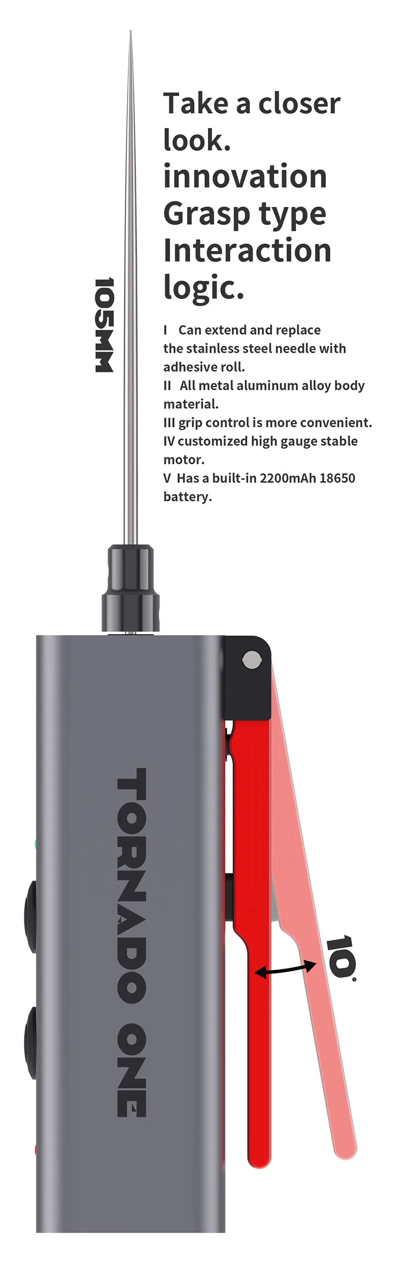 MECHANIC TORNADO ONE ELECTRIC GLUE REMOVER - grey, rectangular handheld tool with a long silver needle, a red trigger mechanism, and "TORNADO ONE" printed on the side.