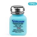 MECHANIC TP01 DISPENSER BOTTLE - light blue square plastic bottle with a metallic dispenser pump cap, featuring black text and a logo on the front and a blue TP01 label in the top corner.