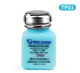 MECHANIC TP01 DISPENSER BOTTLE - light blue square plastic bottle with a metallic dispenser pump cap, featuring black text and a logo on the front and a blue TP01 label in the top corner.