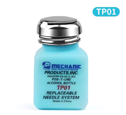 MECHANIC TP01 DISPENSER BOTTLE - light blue square plastic bottle with a metallic dispenser pump cap, featuring black text and a logo on the front and a blue TP01 label in the top corner.
