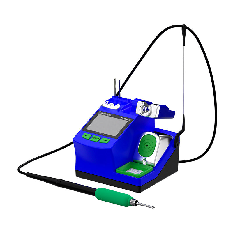 MECHANIC TURBO 3 SOLDERING STATION (C210) - blue and black soldering station with a digital screen labeled "MECHANIC Turbo 3," green buttons, a cleaning sponge tray, and a wired iron with a green grip.