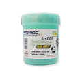 MECHANIC UV 223 HALOGEN FREE FLUX PASTE - Soldering Flux - cylindrical mint-green plastic tub of Mechanic Uv223 flux paste with white product label featuring text, a barcode, and a man's face icon.