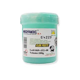 MECHANIC UV 223 HALOGEN FREE FLUX PASTE - Soldering Flux - cylindrical mint-green plastic tub of Mechanic Uv223 flux paste with white product label featuring text, a barcode, and a man's face icon.
