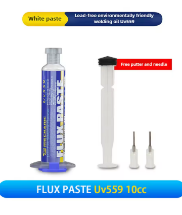 MECHANIC UV 559 HALOGEN FREE FLUX PASTE - Soldering Flux - a 10cc blue and white flux paste syringe with a grey cap, a white plastic plunger, and two small metal dispensing needles.