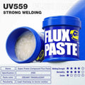 MECHANIC UV 559 JAR HALOGEN FREE FLUX PASTE 100G - Soldering Flux - blue cylindrical container of UV559 flux paste, featuring a yellow logo, large white text, and an open lid revealing a translucent, creamy white substance.