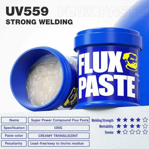 MECHANIC UV 559 JAR HALOGEN FREE FLUX PASTE 100G - Soldering Flux - blue cylindrical container of UV559 flux paste, featuring a yellow logo, large white text, and an open lid revealing a translucent, creamy white substance.