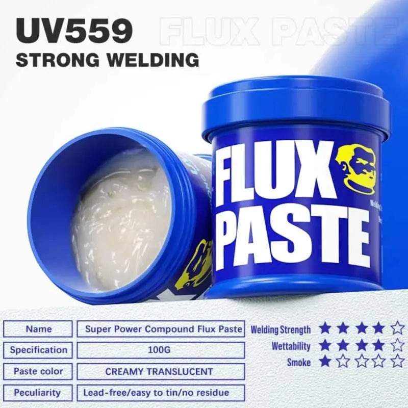 MECHANIC UV 559 JAR HALOGEN FREE FLUX PASTE 100G - Soldering Flux - blue cylindrical plastic jar of flux paste with a white label featuring the text "FLUX PASTE" and a graphic of a yellow head, containing a white translucent paste.