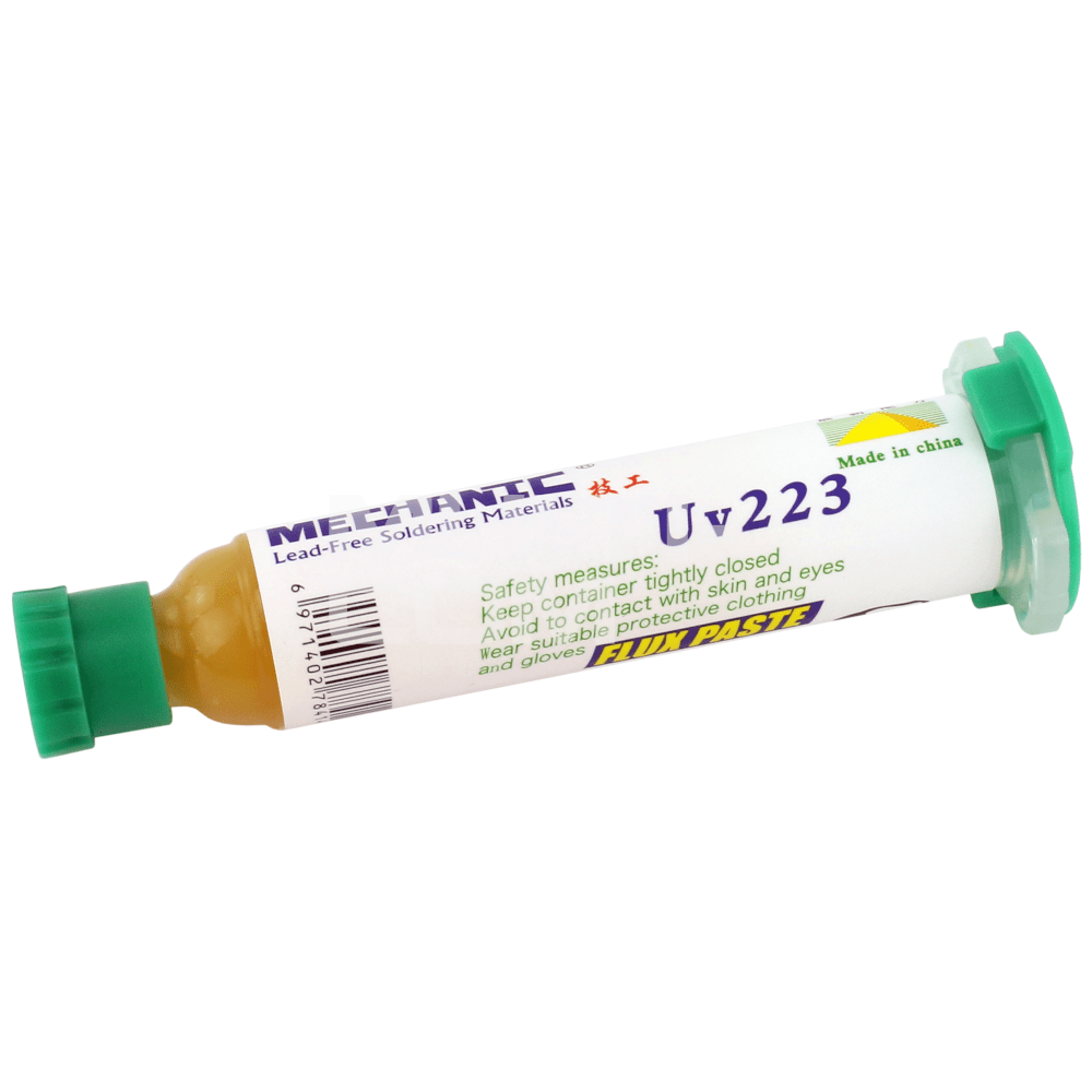 Mechanic UV223 10CC Flux Paste Soldering Flux No-clean (BGA & SMD Rework) - a cylindrical syringe with a green cap and plunger, featuring a white label with text and a barcode.