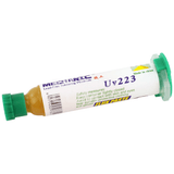 Mechanic UV223 10CC Flux Paste Soldering Flux No-clean (BGA & SMD Rework) - a cylindrical syringe with a green cap and plunger, featuring a white label with text and a barcode.