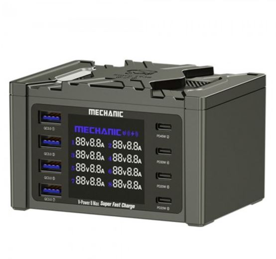 Mechanic V-Power 8 Ultra / Max 8-Ports 115W Desktop Digital Display High Power Fast Quick Charger - eight ports and a digital display showing voltage and amperage readings for each port.