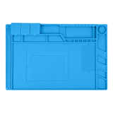 MECHANIC V41 HEAT INSULATION MAT - rectangular bright blue silicone repair mat with multiple numbered part storage compartments, magnetic sections, and a labeled central circuit board area.