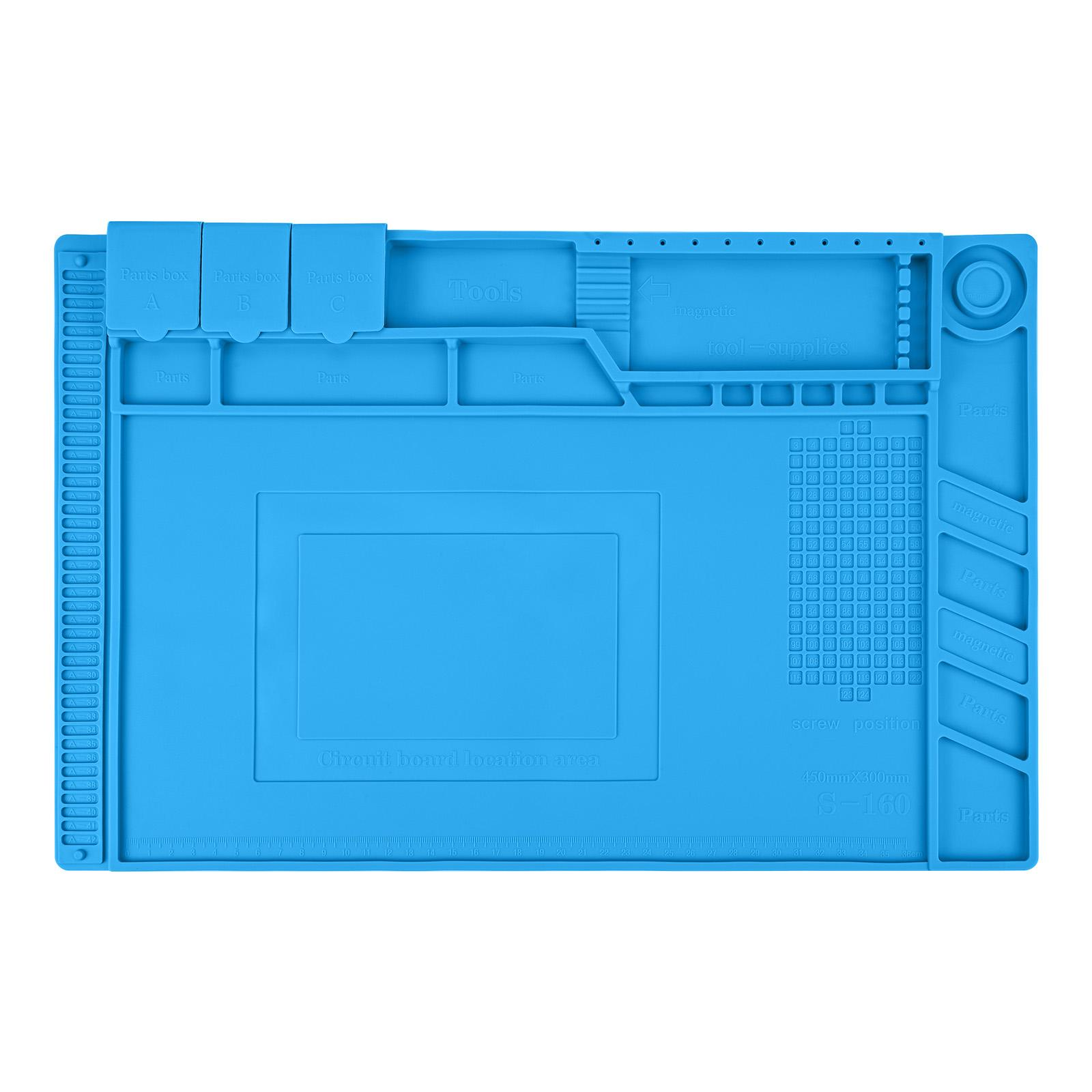 MECHANIC V41 HEAT INSULATION MAT - rectangular bright blue silicone repair mat with multiple numbered part storage compartments, magnetic sections, and a labeled central circuit board area.