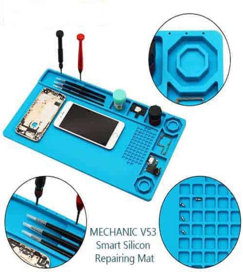 Mechanic V53 Mobile Phone Motherboard Maintenance Blue High Temperature Resistant Work Mat Silicon Repair Mat for Mobile Repair Heat Insulation - shown in blue with slots for tools, a smartphone, and small components, including two circular close-up views.