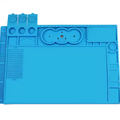 MECHANIC V56 HEAT INSULATION MAT - rectangular bright blue silicone work mat featuring a grid section, various recessed tool organizers, and circular screw compartments on a white background.