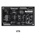 MECHANIC V78 HEAT INSULATION MAT - rectangular black workbench mat featuring white technical blueprint-style diagrams of smartphone components, brand logos, and measurement labels.