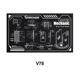 MECHANIC V78 HEAT INSULATION MAT - rectangular black workbench mat featuring white technical blueprint-style diagrams of smartphone components, brand logos, and measurement labels.
