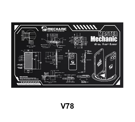 MECHANIC V78 HEAT INSULATION MAT - rectangular black workbench mat featuring white technical blueprint-style diagrams of smartphone components, brand logos, and measurement labels.