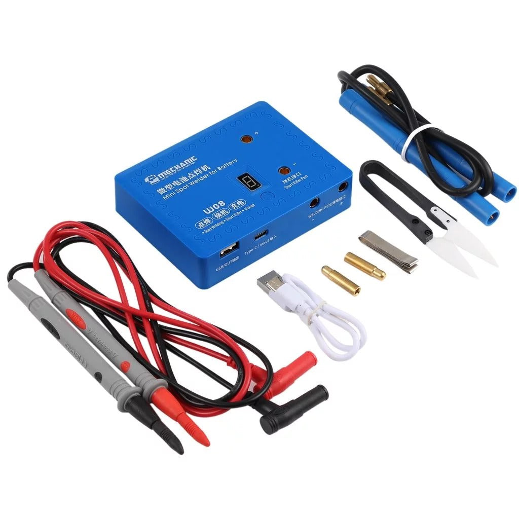 Mechanic W08 Mini Spot Welder - the blue main unit with a digital display, welding pens, cables, small metal clips, and accessories on white.