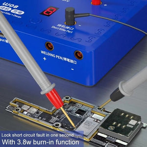 Mechanic W08 Mini Spot Welder - a digital display, a short killer port, welding pen ports, and two probes testing a circuit board.