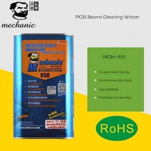 Mechanic Water Mcn 850 Ultrasonic Cleaner Liquid For Lead Free Circuit PCB Board Cleaning - a rectangular blue metal can featuring an orange label with product details and a green RoHS logo on a yellow background.