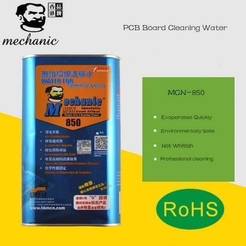 Mechanic Water Mcn 850 Ultrasonic Cleaner Liquid For Lead Free Circuit PCB Board Cleaning - a rectangular blue metal can featuring an orange label with product details and a green RoHS logo on a yellow background.