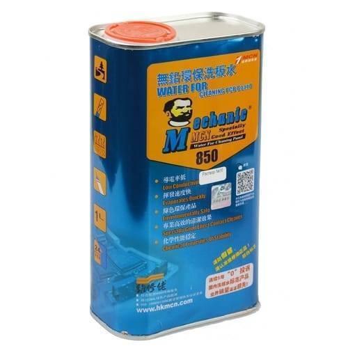 Mechanic Water Mcn 850 Ultrasonic Cleaner Liquid For Lead Free Circuit PCB Board Cleaning - a rectangular blue metal container with an orange screw cap and yellow label featuring text and a logo.