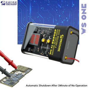 MECHANIC WS ONE SPOT WELDING SHORT KILLER - Short Circuit Detector - black rectangular spot welding and short killer machine with a transparent top, digital display, internal circuitry, two yellow buttons, and output ports with cables.