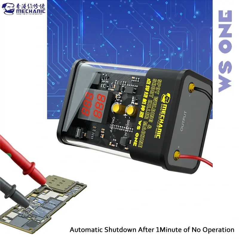 MECHANIC WS ONE SPOT WELDING SHORT KILLER - Short Circuit Detector - black rectangular spot welding and short killer machine with a transparent top, digital display, internal circuitry, two yellow buttons, and output ports with cables.