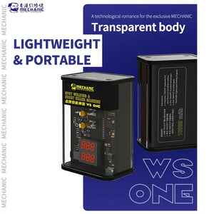 MECHANIC WS ONE SPOT WELDING SHORT KILLER - Short Circuit Detector - two rectangular spot welding machines with black frames, transparent sides, gold buttons, red digital displays, and printed instruction labels.