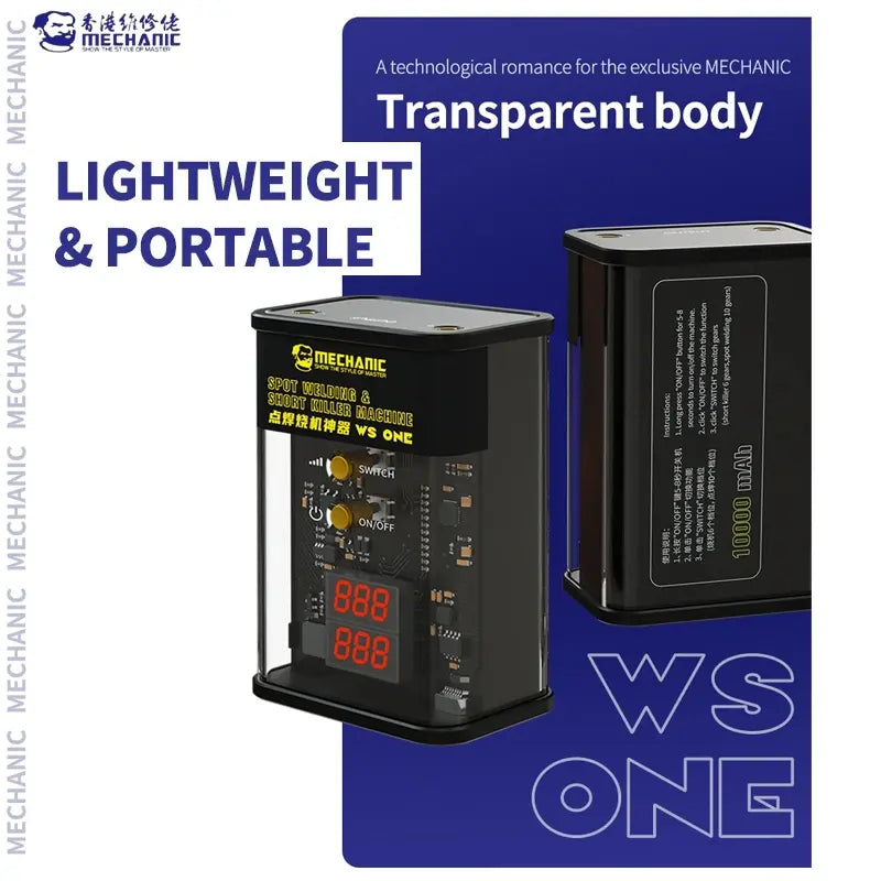 MECHANIC WS ONE SPOT WELDING SHORT KILLER - Short Circuit Detector - two rectangular spot welding machines with black frames, transparent sides, gold buttons, red digital displays, and printed instruction labels.