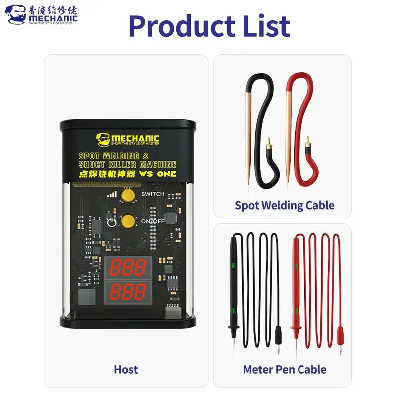 MECHANIC WS ONE SPOT WELDING SHORT KILLER - Short Circuit Detector - black spot welding and short killer machine with a transparent front panel, two digital displays, two yellow buttons, two thick welding cables, and two pen cables.
