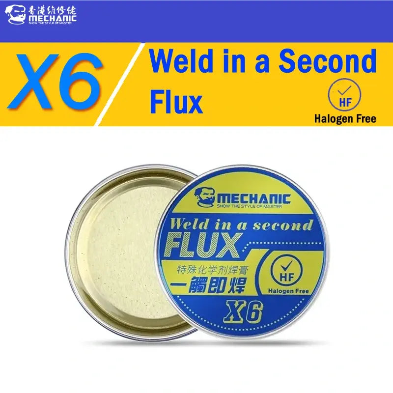 MECHANIC X6 FLUX PASTE 20GRAM - Soldering Flux - round metal tin of soldering flux with a blue and yellow lid featuring the brand name Mechanic, the text Weld in a second, and a halogen-free logo.