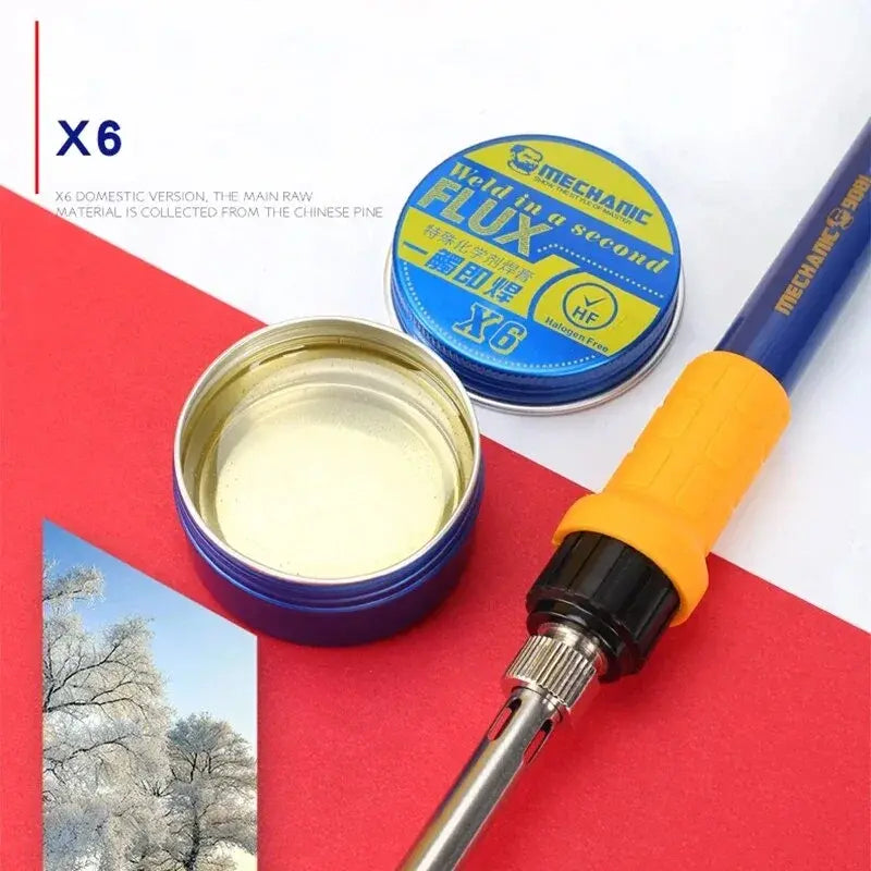 MECHANIC X6 FLUX PASTE 20GRAM - Soldering Flux - a round blue tin containing yellow soldering flux, with its blue and yellow branded lid nearby, next to a blue and yellow soldering iron.