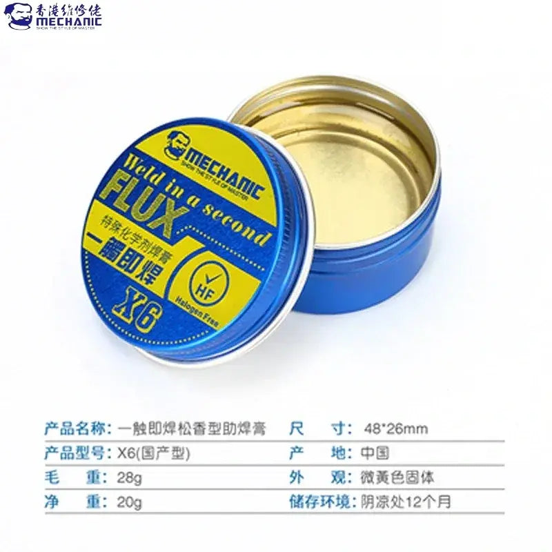 MECHANIC X6 FLUX PASTE 20GRAM - Soldering Flux - round blue metal tin containing yellowish flux paste, with a matching lid featuring yellow and blue branding text and a logo placed to the left of the container.