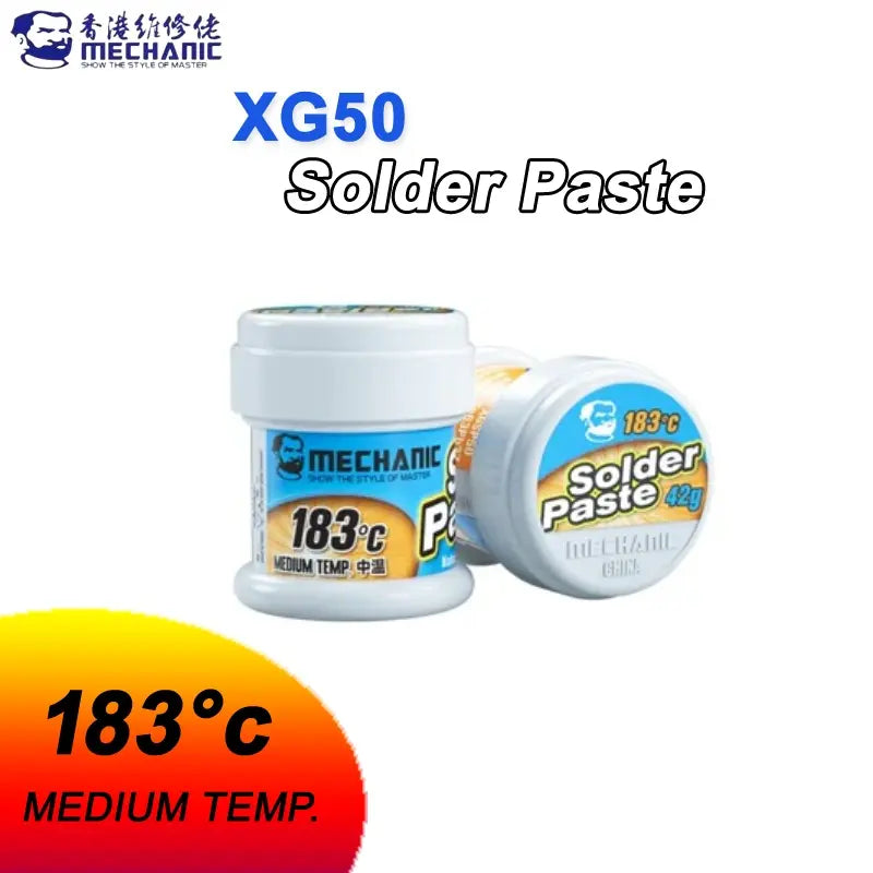 MECHANIC XG50 SPECIAL SOLDER PASTE 35GRAM - two white cylindrical plastic jars with blue and gold labels featuring mechanic branding, 183°c text, and a net weight of 42g.